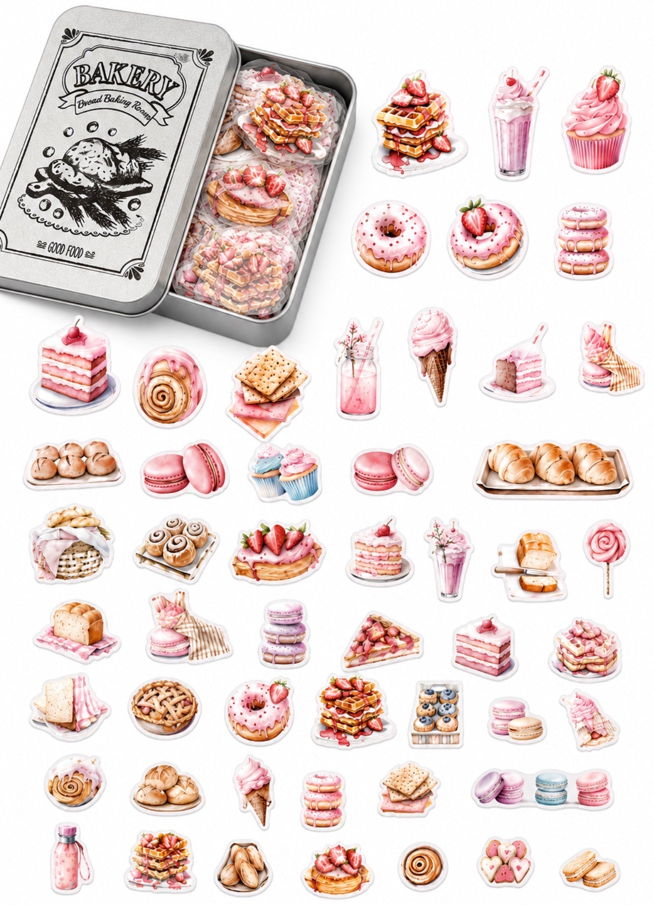 Bakery Dessert Sticker Pack – 100 Acrylic Stickers in Metal Tin 🍓