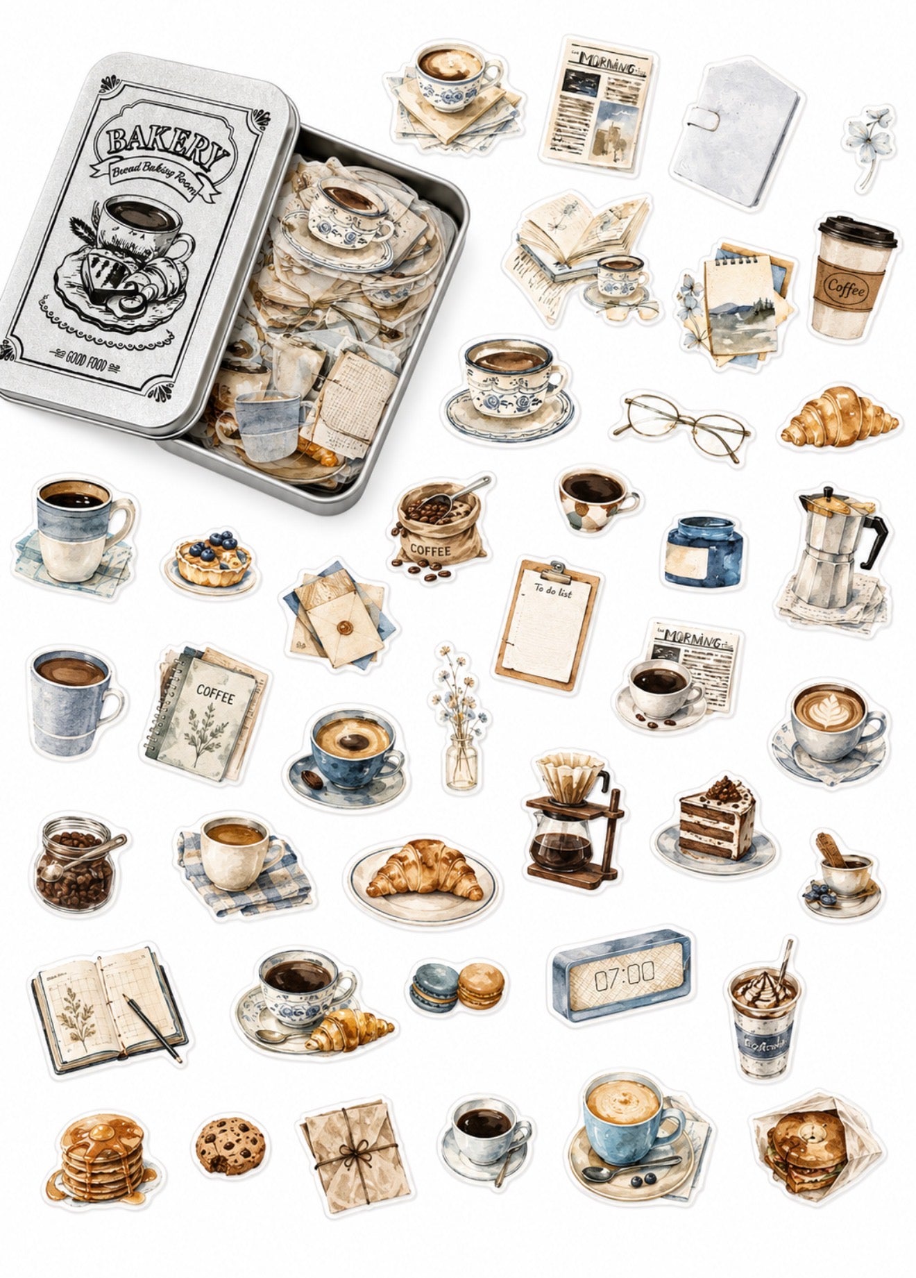 Coffee Bookish Sticker Pack – 100 Acrylic Stickers in Metal Tin ☕📖